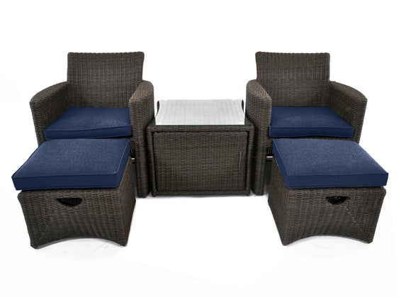 Cupido Wicker 5 Piece Patio Conversation Set With Cushions In Indigo